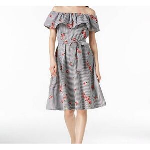 Calvin Klein off shoulder embroidered pinstripe floral dress size 4